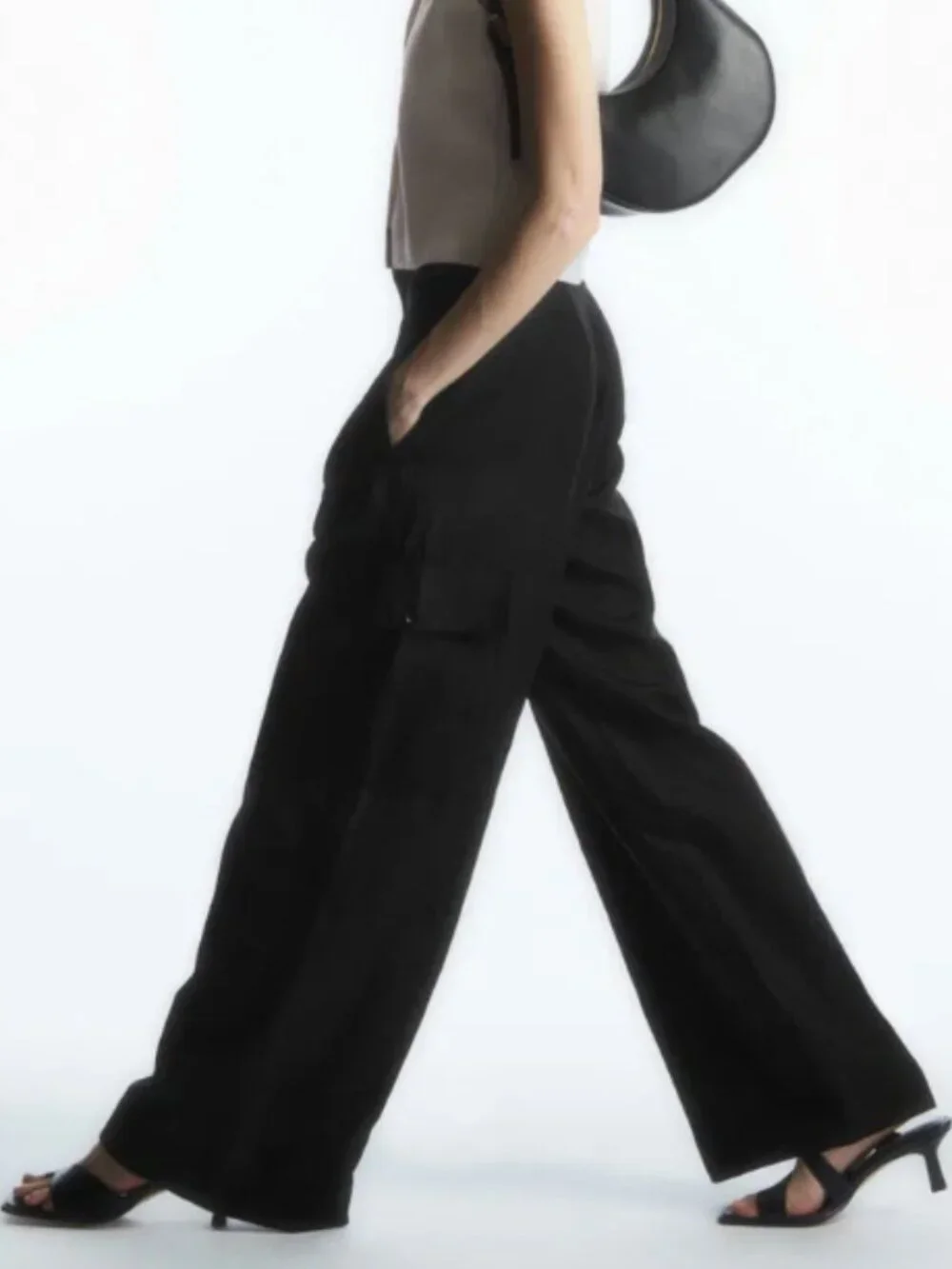 COS black cargo trousers wide leg linen blend pants 4